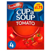 Packaging of Batchelors - Cup a Soup Tomato - 93g, showcasing an inviting image of a steaming bowl of flavorful tomato soup accompanied by three ripe tomatoes. Marketed as low in fat, this instant soup provides four servings with a recommended retail price (RRP) of £1.75.